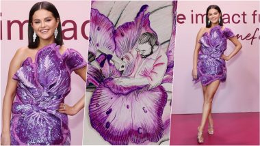 Selena Gomez Shines in Designer Rahul Mishra’s Amethyst Purple ‘Iris’ Dress With Unique Tailor Print (See Pics & Videos)