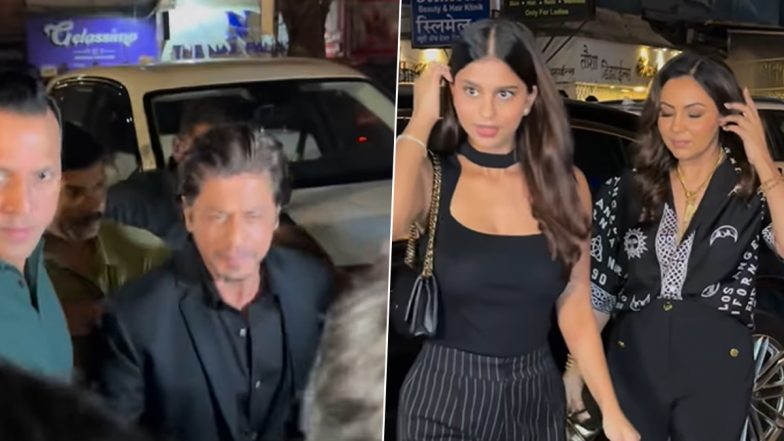 Shah Rukh Khan Looks Hot in Black Suit As He Joins Gauri and Suhana Khan for Private Bash in Mumbai (Watch Videos)