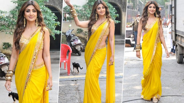 Shilpa Shetty's Yellow Saree With Glass Patchwork is a Perfect Choice For Navratri 2023 Day 5 Fashion (See Pics)