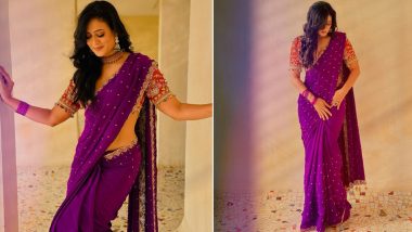 Shweta Tiwari Stuns in Navratri 2023 Day 8 Colour Purple, Looks Exquisite in Purple-Golden Saree With Gorgeous Red Blouse and Statement Jewellery (View Pics)