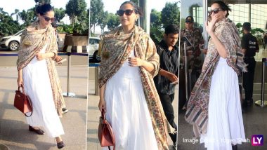 Sonam Kapoor Slays Airport Look in a White Anarkali Suit, Beige Shawl, and Brown Shoes (View Pics)