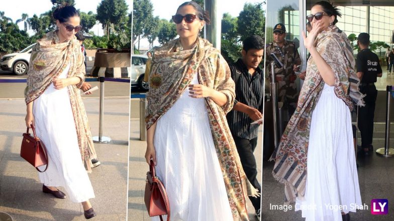 Sonam Kapoor Slays Airport Look in a White Anarkali Suit, Beige Shawl, and Brown Shoes (View Pics)