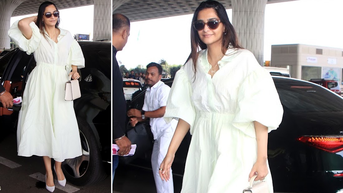 Sonam Kapoor Nails Airport Look in Stylish White Balloon Sleeve Dress ...