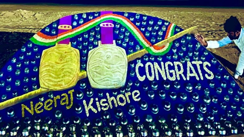 Asian Games 2023 Sand Art For Neeraj Chopra and Kishore Jena: Sudarsan Pattnaik Dedicates Sculpture to Indian Javeline Throwers For Bagging Gold and Silver Medals (See Pic)