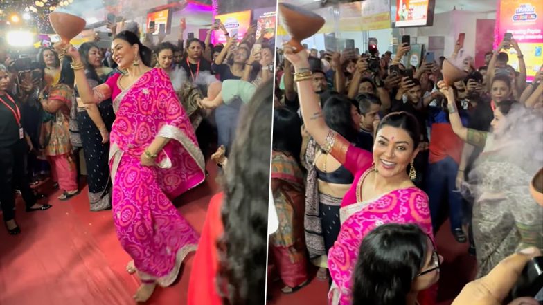 Sushmita Sen Performs Traditional Dhunuchi Dance in Bandhani Saree at Durga Puja Celebrations in Mumbai (Watch Video)