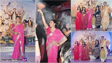 Sushmita Sen Looks Ethereal in Pink Saree As She Poses With Her Family, Performs Dhunuchi Dance During Durga Puja Celebration in Mumbai (View Photos)