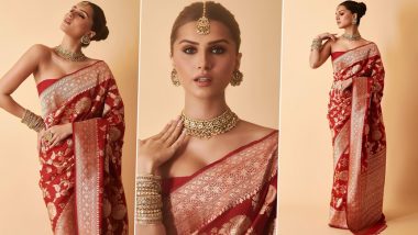 Tara Sutaria Blends Elegance With Style in Red Banarasi Saree and Strapless Blouse (View Pics)