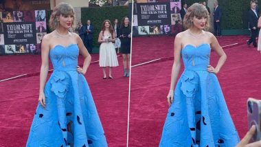 Taylor Swift in Powder Blue Floor-Sweeping Gown Looks Straight Out of Fairytale at The Eras Tour Movie Premiere in LA (Watch Video)