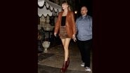 Taylor Swift&rsquo;s Mini Skirt and Tan Leather Blazer Paired With Boots Is All We Want for Autumn (View Pic)