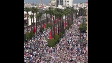 Israel-Hamas War: Thousands March in Morocco's Capital Rabat in Support of Gaza Palestinians (Watch Video)