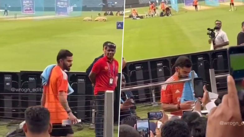 Virat Kohli Gives Autograph to Fans Ahead of IND vs BAN ICC Cricket World Cup 2023 Match in Dharamsala, Video Goes Viral!