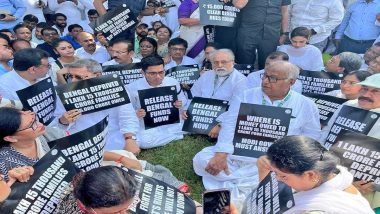 TMC Protest in Delhi: Abhishek Banerjee Leads TMC Dharna at Rajghat Pressing Centre To Release MGNREGA Funds (Watch Video)