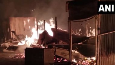 Uttar Pradesh Fire Video: 24 Shops Gutted As Massive Blaze Erupts in Firozabad’s Kath Bazar Area