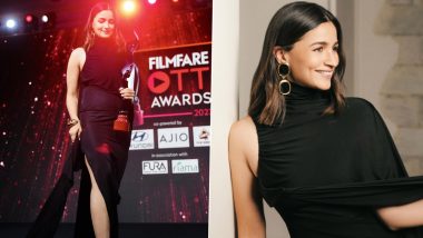 Alia Bhatt’s Filmfare Look Is a Chic Affair of an Elegant Black One-Shoulder Gown Featuring a Thigh-High Slit and Statement Earrings (View Pics)