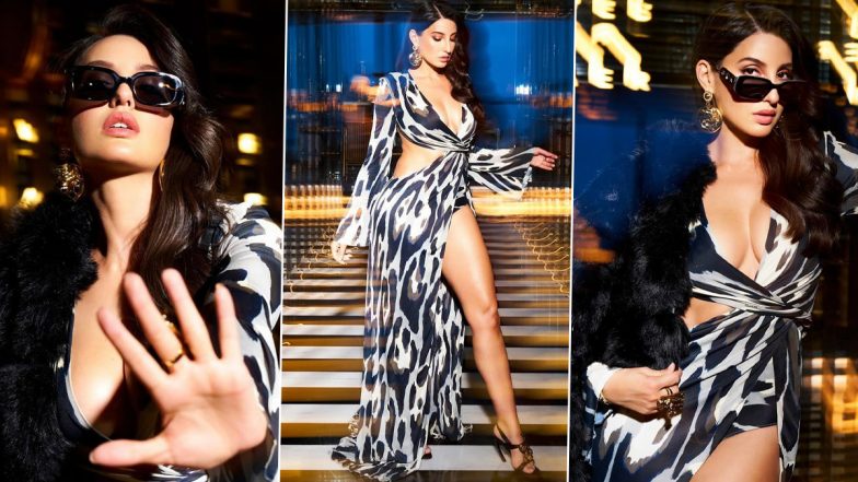 Nora Fatehi Unleashes Glamour in a Sultry Animal Print Cut-Out Maxi Dress Featuring a Plunging Neckline and Thigh-High Slit – See Her Latest Pics