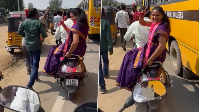 K Kavitha Rides Pillion on Scooter to Beat Traffic Jam and Join Rally for BRS MLA Shakeel's Nomination Filing, Video Goes Viral