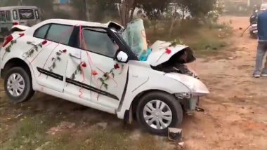 Punjab Road Accident Video: Bridegroom Among Four Killed After Car Collides With Truck in Moga District