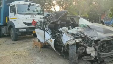 Maharashtra Road Accident Video: One Dead, Two Injured As Car Collides With Truck in Navi Mumbai