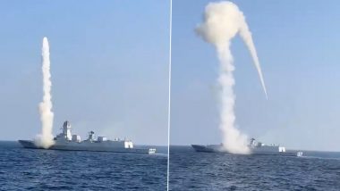 Indian Navy's Indigenous Guided Missile Destroyer 'Imphal' Achieves Milestone, Hits 'Bulls Eye' in Maiden Brahmos Missile Firing at Sea (Watch Video)