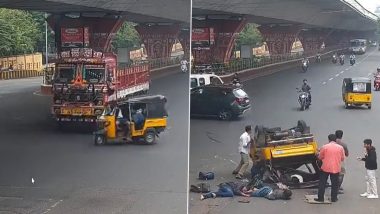 Andhra Pradesh Road Accident: CCTV Footage Shows Intense Collision of Auto and Lorry Injuring Eight Students in Visakhapatnam (Watch Videos)