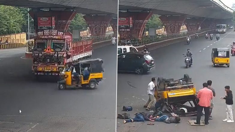 Andhra Pradesh Road Accident: CCTV Footage Shows Intense Collision of Auto and Lorry Injuring Eight Students in Visakhapatnam (Watch Videos)