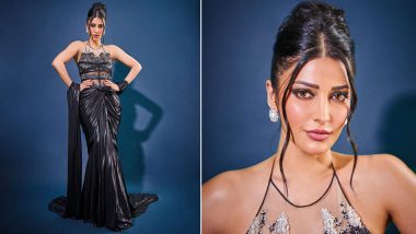 Shruti Haasan Redefines Elegance in a Stunning Black Leather-Finish Saree Gown With a Corset Twist (View Pics)