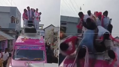 KT Rama Rao Falls off Vehicle: Narrow Escape for Telangana Minister KTR During Election Rally in Nizamabad As Driver Applies Sudden Brakes (Watch Video)