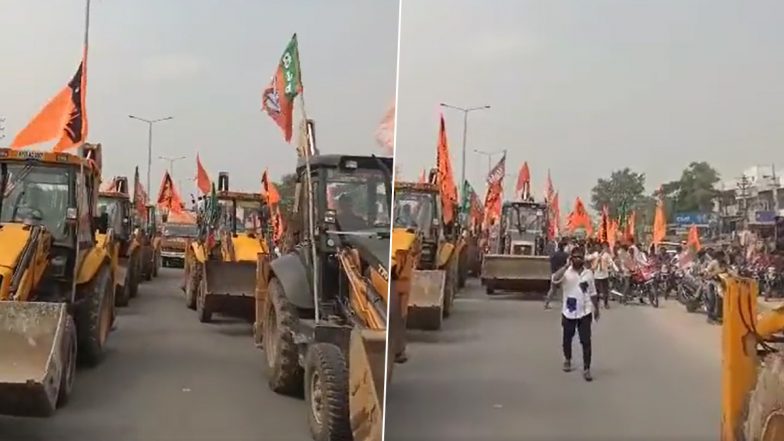 Telangana Assembly Election 2023: Rows of Bulldozers Take Over Roads in Patancheru as BJP Candidate Nandeeshwar Goud Files Nomination, Video Surfaces