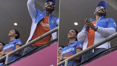 ICC Cricket World Cup 2023: Ranveer Singh and Deepika Padukone Turn Cheerleaders for Men in Blue; Anisha Padukone and Prakash Padukone Join Their Cheering (Watch Video)