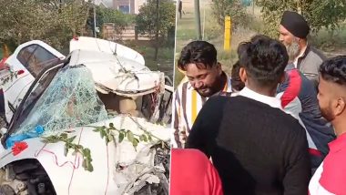 Punjab Accident Video: Groom and Three Others Killed as Speeding Car Crashes Into Parked Truck in Moga