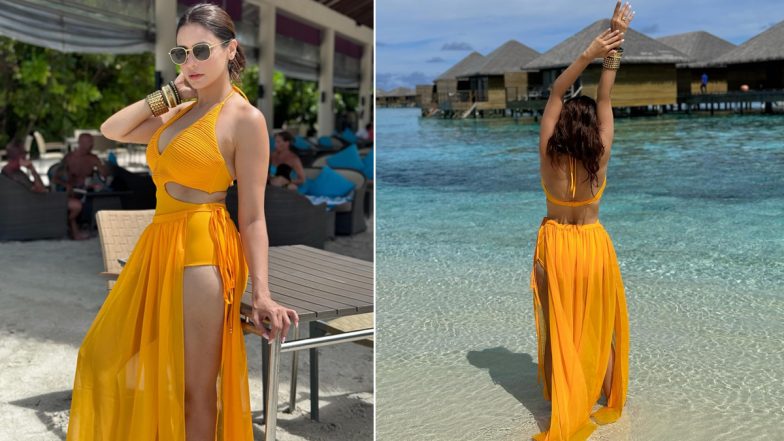 Hot! Aamna Sharif Nails Her Beachside Look in Yellow Thigh-High Slit Dress With Plunging Neckline (See Photos)