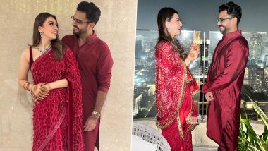 Karwa Chauth 2023: Hansika Motwani and Sohael Kathuriya Twin in Red Ethnic Outfits As They Celebrate the Festival for First Time (View Pics)