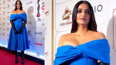 Sonam Kapoor Stuns in a Blue Off-Shoulder Dress Paired With Black Gloves and High-Heeled Boots at Filmfare OTT Awards