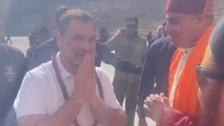 Uttarakhand: Congress Leader Rahul Gandhi Receives Warm Welcome by Locals Upon Arrival at Kedarnath Temple (Watch Video)