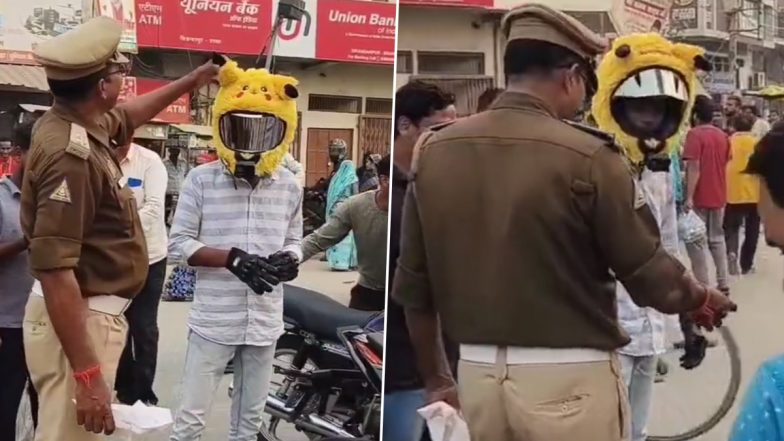 'Khargosh Ho?’: Cop’s Humorous Conversation With Man Wearing Pikachu-Inspired Helmet During Checking Goes Viral (Watch Video)