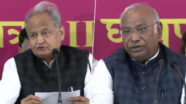 Rajasthan Assembly Elections 2023: Congress Releases Manifesto, Promises Caste Survey, 10 Lakh Jobs, and Interest-Free Loans to Farmers (Watch Videos)