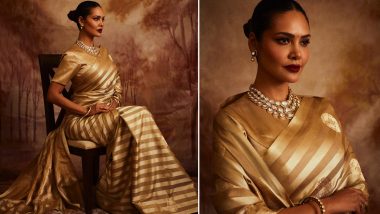 Esha Gupta Looks Ethereal in a Banarasi Gold Silk Saree With a Stripe Twist, Sleek Bun and Bold Lipstick (View Pics)