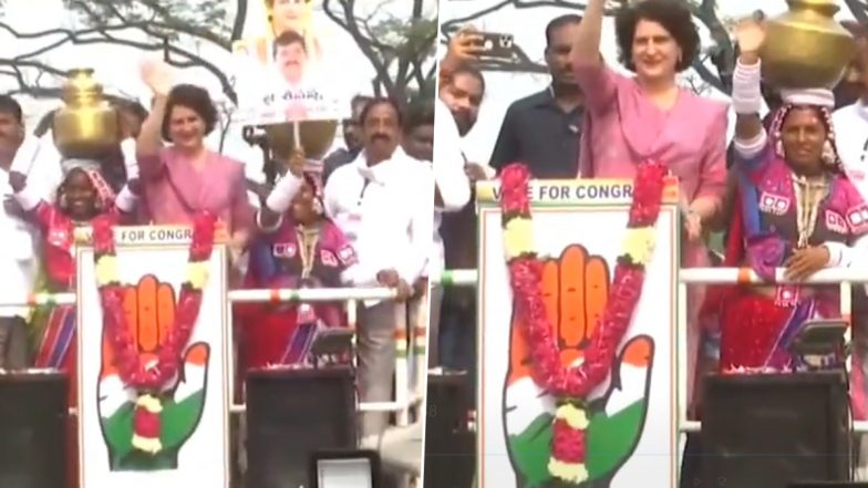 Telangana Assembly Election 2023: Priyanka Gandhi Vadra Joins Folk Dancers on Congress Campaign Song ‘Moodu Rangula Janda’ in Khammam (Watch Videos)