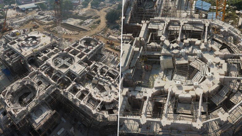 Ayodhya Ram Mandir Construction Photos: Sri Ram Janmabhoomi Tirth Kshetra Shares Crane View Pictures of Under-Construction Temple Site in Uttar Pradesh