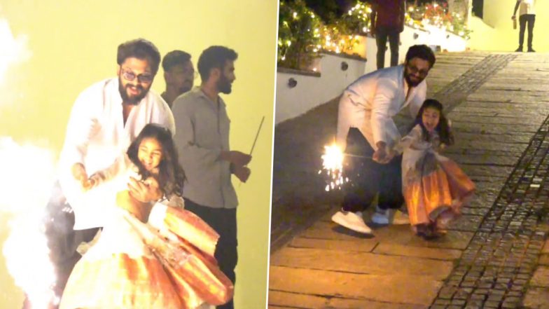 Allu Arjun Celebrates Diwali by Bursting Firecrackers With Daughter Arha in Hyderabad (Watch Video)