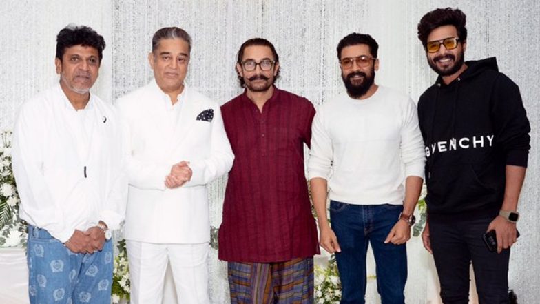 Kamal Haasan Birthday Bash: Viral Photo Shows Superstar Posing With Shiva Rajkumar, Aamir Khan, Suriya, and Vishnu Vishal – Check Out!