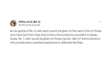 Jammu and Kashmir Bus Accident: LG Manoj Sinha Announces Ex-Gratia of Rs 5 Lakh Each for Kin of Deceased, Rs 1 Lakh for Injured After Passenger Bus Falls Into Deep Gorge in Doda