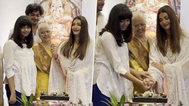 Aishwarya Rai Bachchan Cuts Cake With Daughter Aaradhya, Mother Vrinda Rai on 50th Birthday (Watch Video)