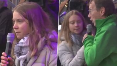 Greta Thunberg Speech Interrupted: Man Tries to Snatch Mic From Climate Activist on Stage, Disrupts Her Address During Amsterdam Protest (Watch Video)