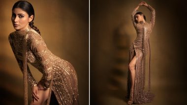 Mouni Roy Sets New Standard for Glamorous Couture in Her Glitzy Rose-Gold Gown Adorned With Intricate Gold Embroidery(View Pics)