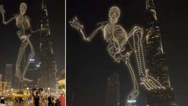 Halloween 2023: Geoscan Drone Show Shows Massive Moving Skeleton Near Burj Khalifa in Dubai; Video of Spooky Drone Display Goes Viral