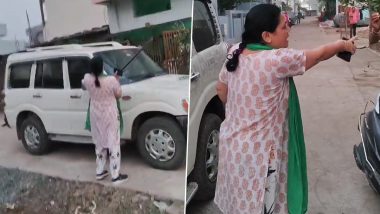 Madhya Pradesh: Woman Vandalises Car After Driver Runs Over Her Rangoli in Narsinghpur's Gadarwara, Video Surfaces