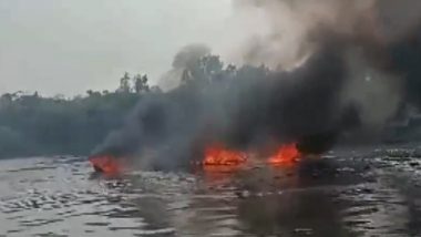 Andhra Pradesh Boat Fire Video: Vessel Engulfs in Blaze at Bapatla's Nizampatnam Harbour