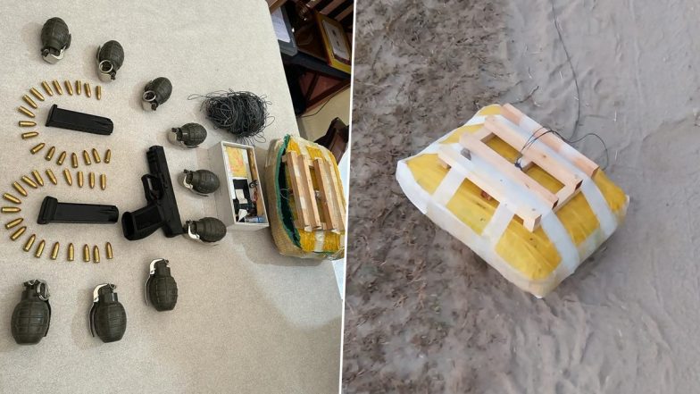 Jammu and Kashmir: Indian Army and Police Recover Box Containing One Pistol, 38 Live Rounds and Nine Grenades and Other Weapons Dropped by Drone in Laukikhad Area (See Pics)