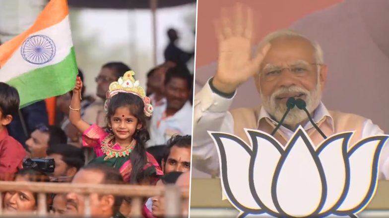 PM Narendra Modi Blesses Young Girl Dressed as 'Bharat Mata' at Telangana Assembly Election 2023 Rally (Watch Videos)